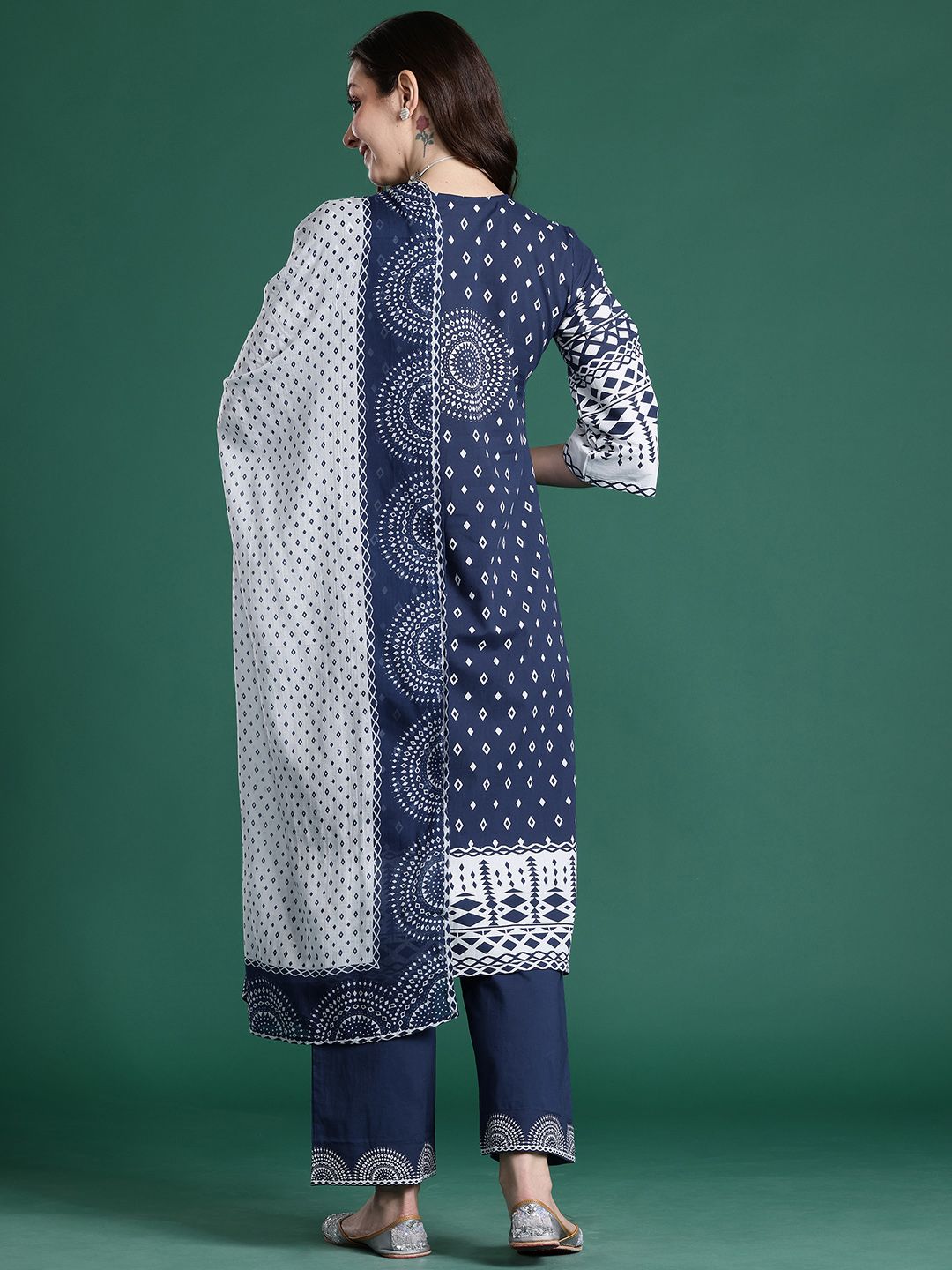 Printed Mirror Work Pure Cotton Kurta with Trousers & With Dupatta