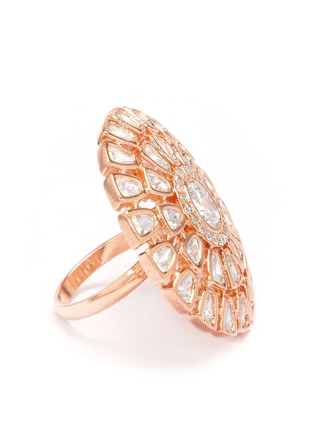 Dhiyona RJ Women's Gold-Toned CZ-Studded Floral-Shaped Cocktail Adjustable Ring