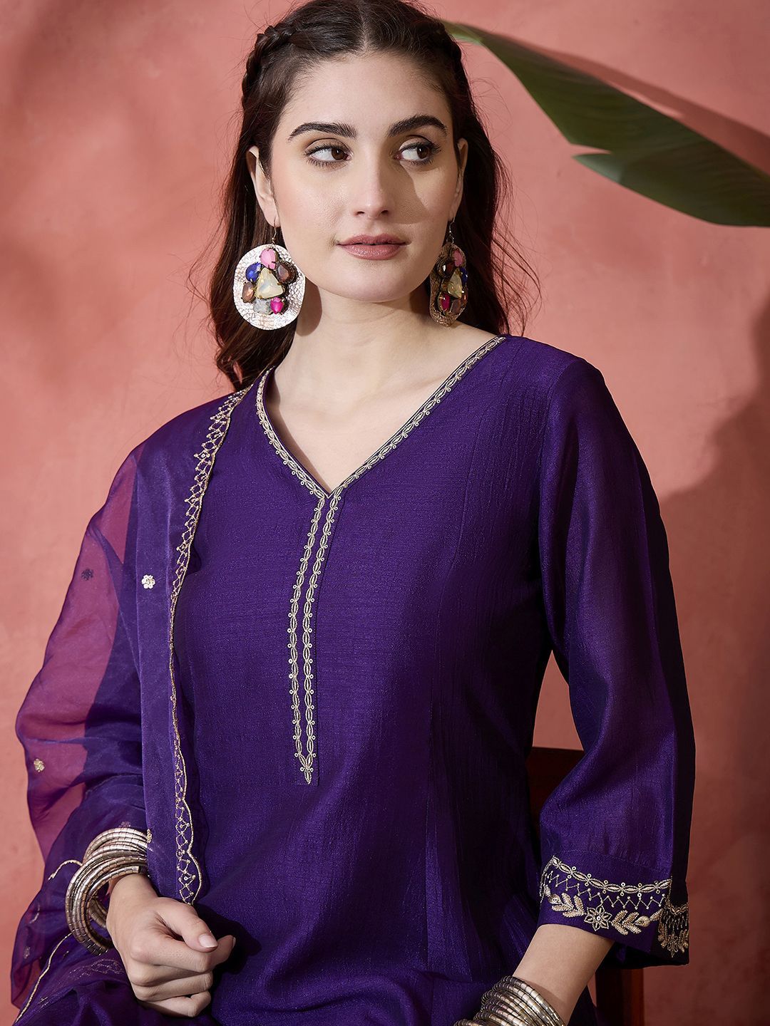 Dhiyona SN Women's Floral Embroidered V-Neck A-Line Kurta With Trousers & Dupatta