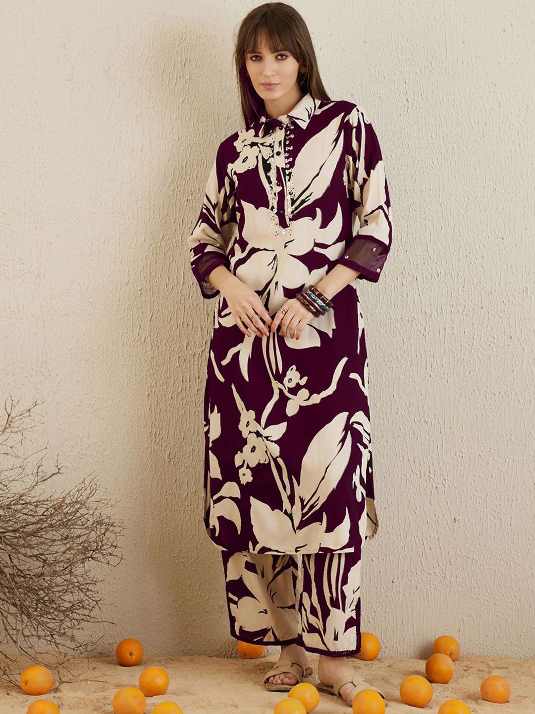 Dhiyona IE Women Shirt Coller Floral Printed Regular Sequinned Kurta with Trousers