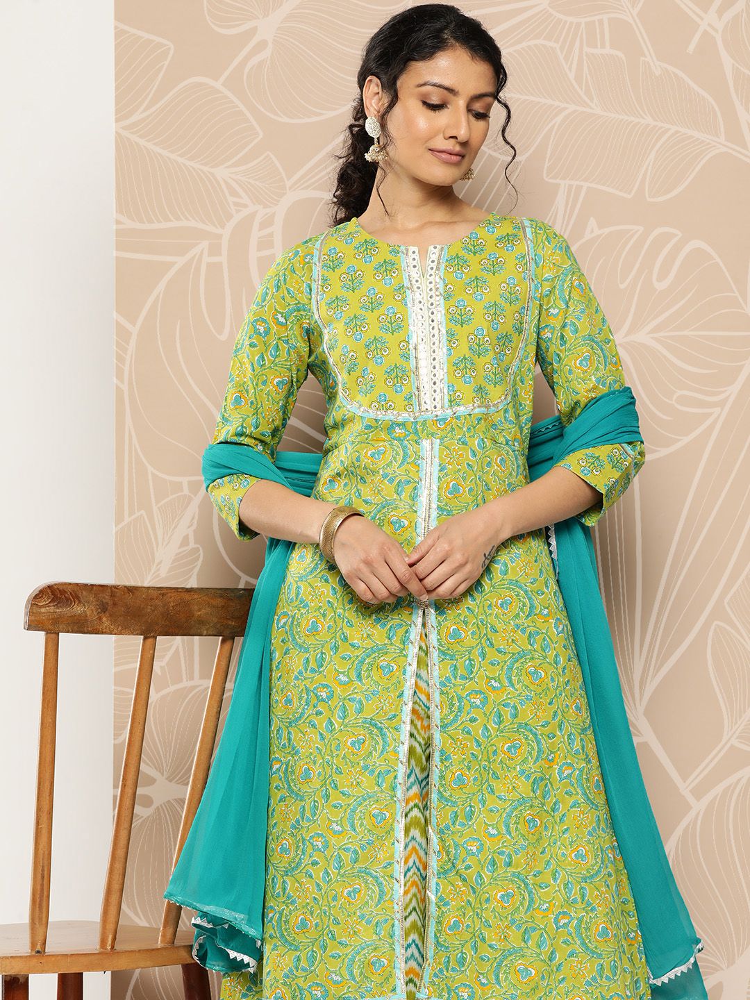 Dhiyona VA Women'sFloral Printed Mirror Work Pure Cotton Kurta With Palazzos & Dupatta