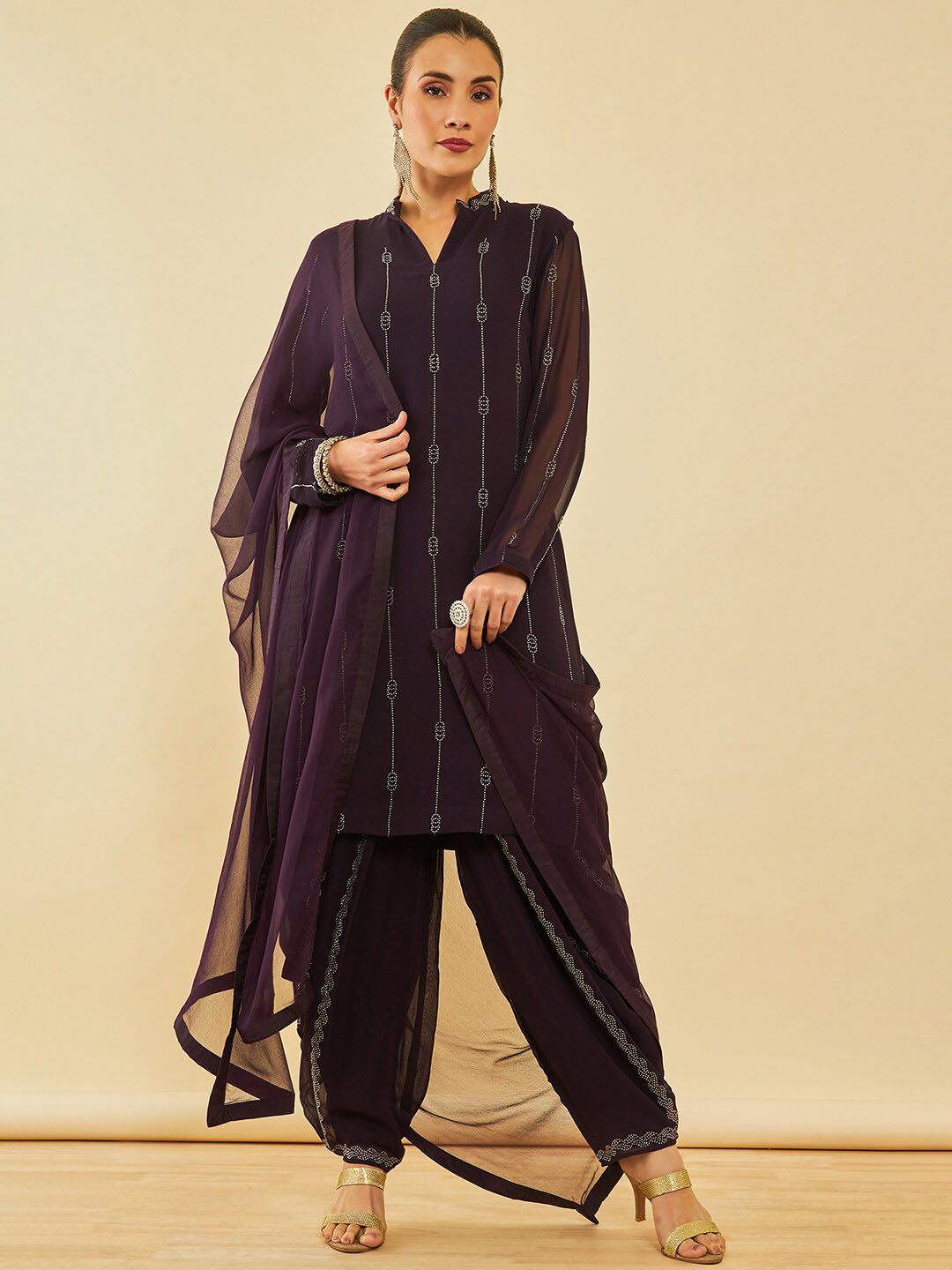 Dhiyona SO Women's Ethnic Motifs Regular Beads and Stones Kurta with Dhoti Pant & With Dupatta