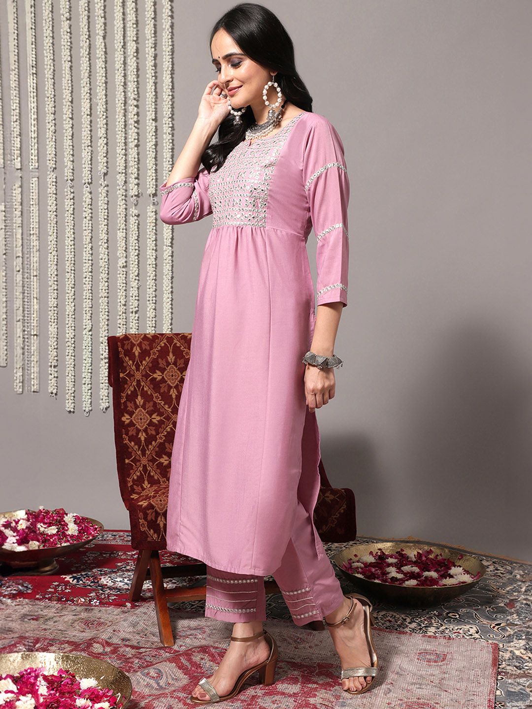Dhiyona VA Women's Pink & Silver-Toned Yoke Design Kurta with Palazzos & Dupatta