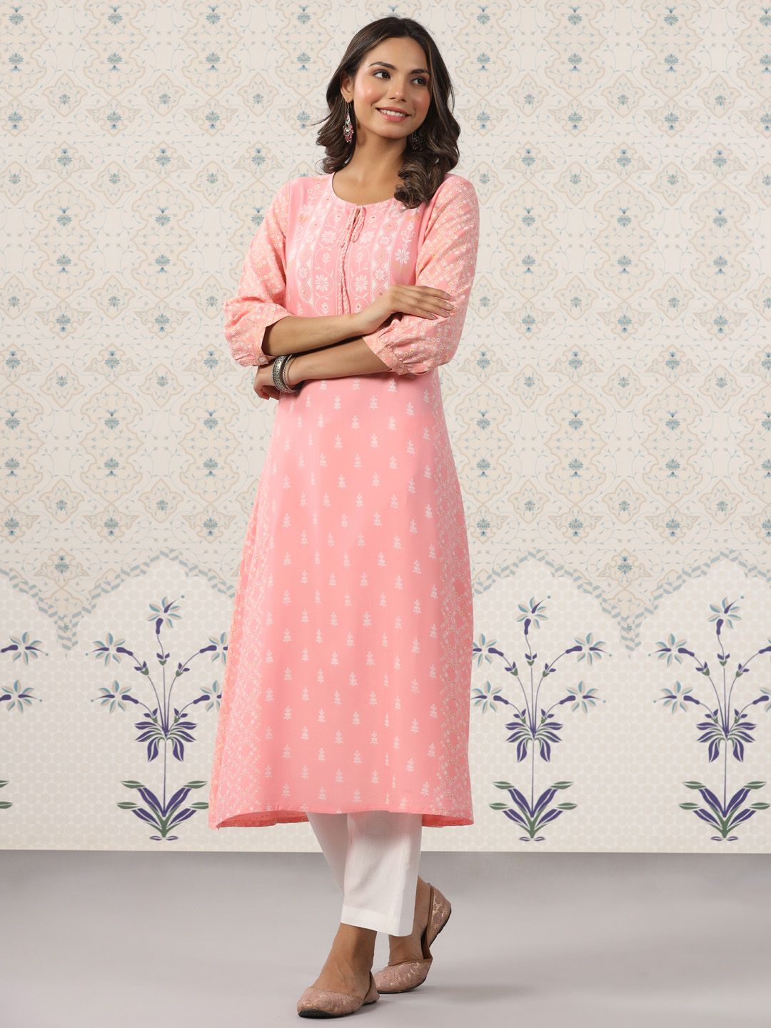 Dhiyona OD Ethnic Motif Printed Tie Up Neck A-Line Kurta With Trousers