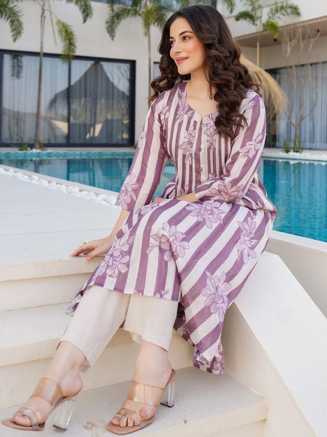 Dhiyona IE Indo era Floral Printed Pure Cotton Round Neck Top With Trousers Co-Ords Set