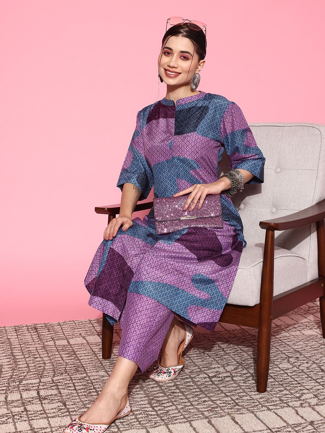 Dhiyona VA Women'sAbstract Printed Mandarin Collar Kurta with Palazzos