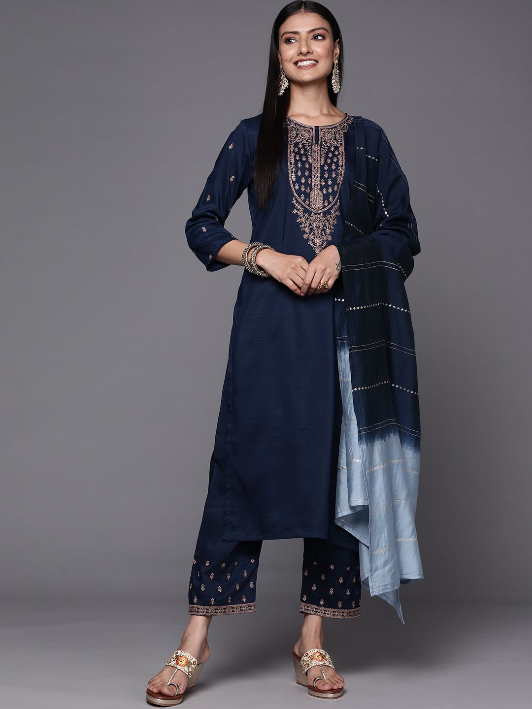 Dhiyona VA Women's Navy Blue & Golden Ethnic Motifs Embroidered Kurta with Trousers & Dupatta