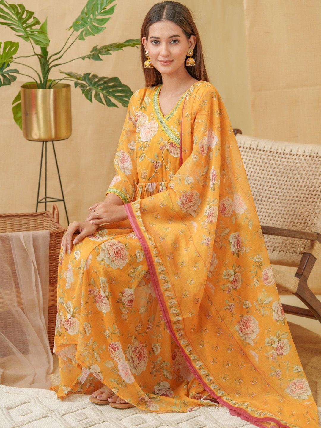 Dhiyona IS Women's V-Neck Floral Printed Angrakha Kurta with Palazzos & Dupatta