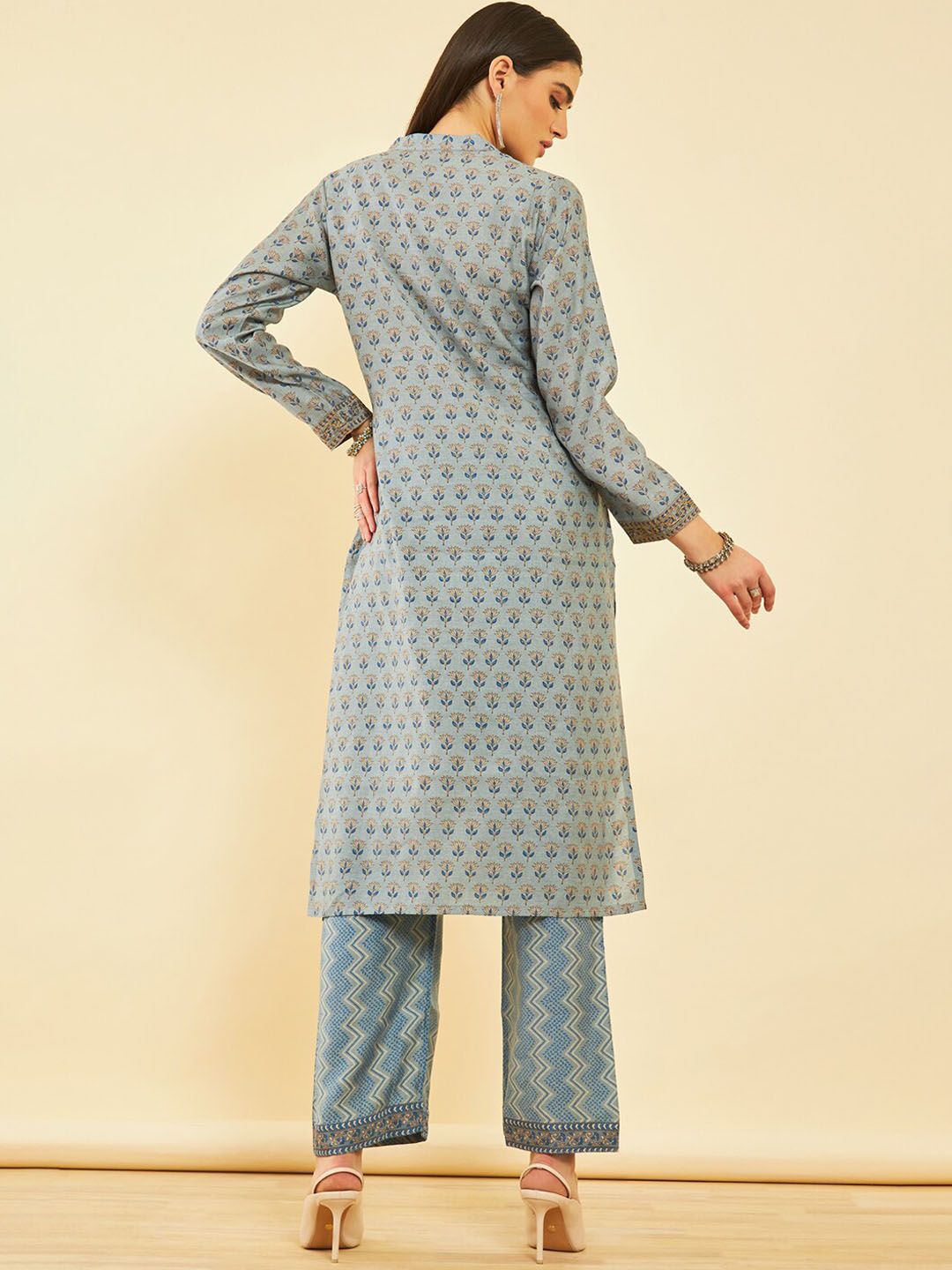 Dhiyona SO Women's Ethnic Motifs Printed Regular Thread Work Kurta with Trousers