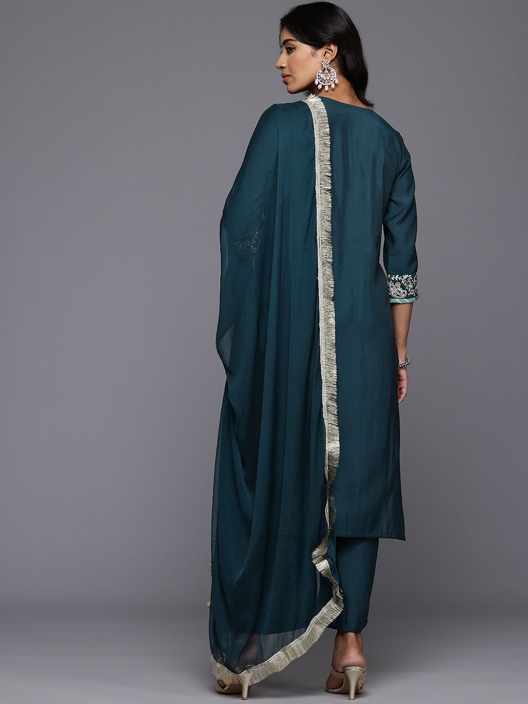 Dhiyona VA Women'sPaisley Embroidered Zari Panelled Kurta With Trousers & Dupatta