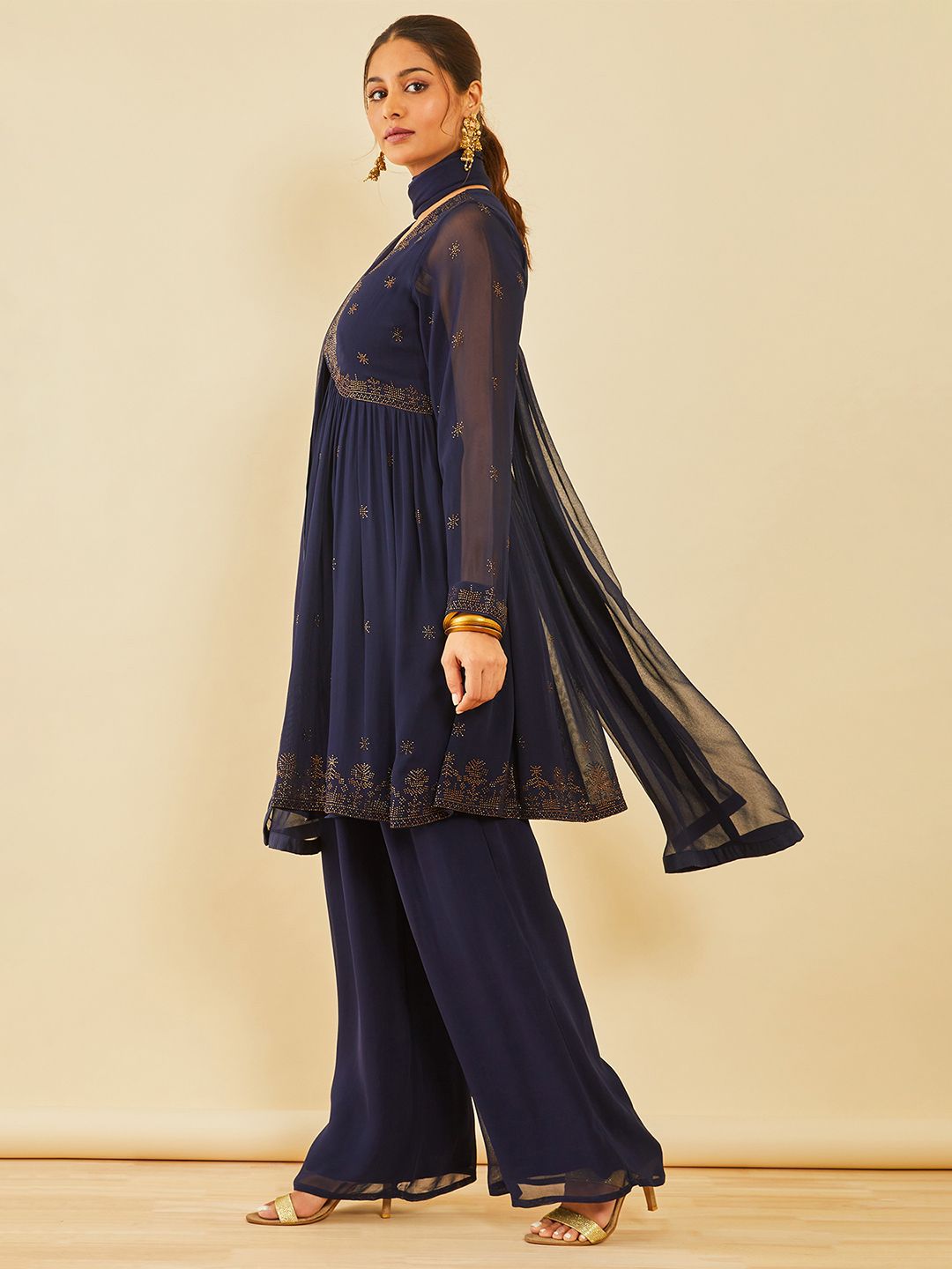 Dhiyona SO Women's Women Floral Embroidered Angrakha Beads and Stones Kurta with Palazzos & With Dupatta