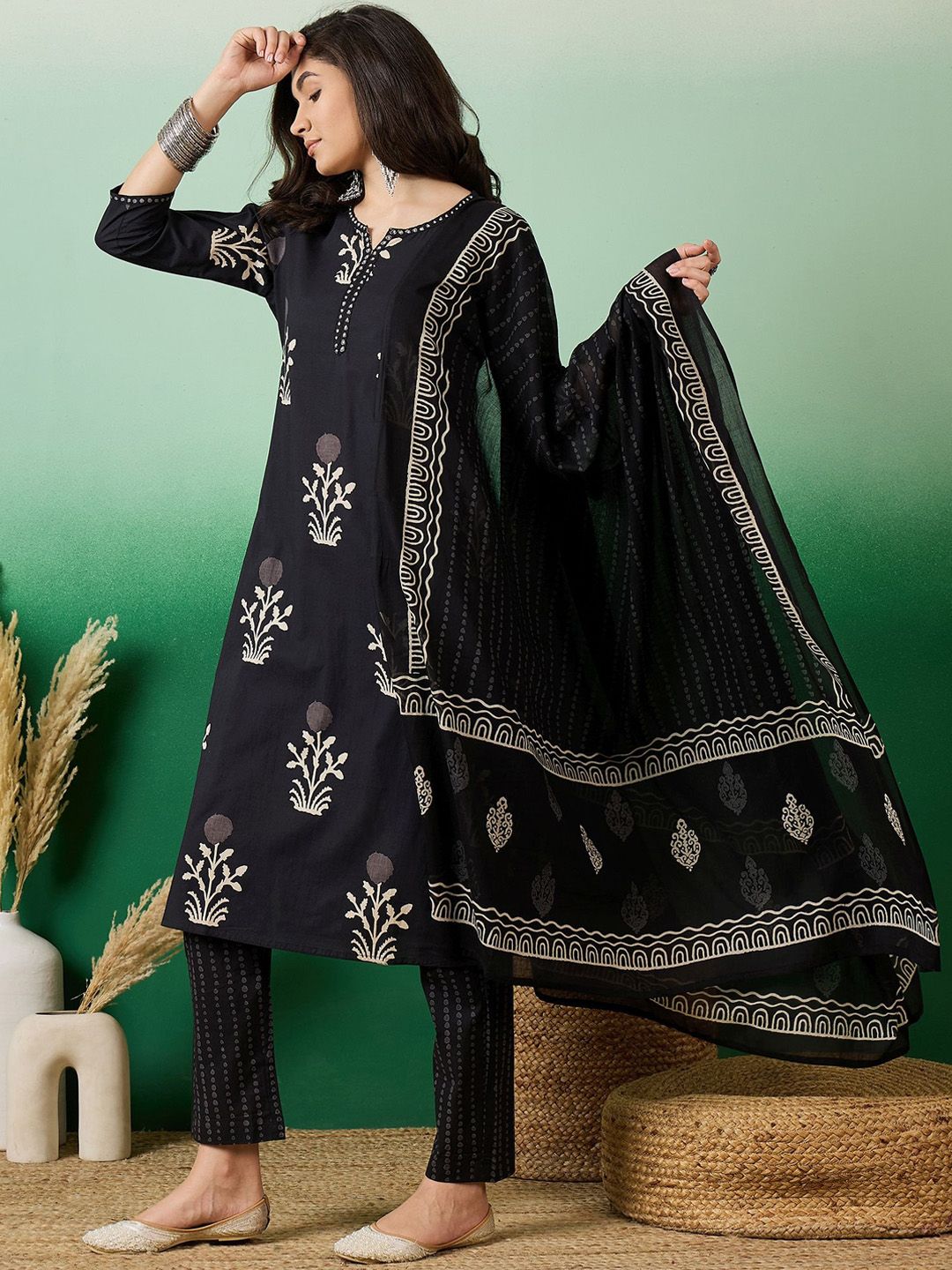 Dhiyona SN Women's Notch Neck Printed Pure Cotton Kurta With Trousers & Dupatta