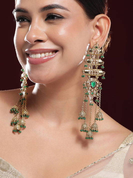 Dhiyona RJ Women's 18K Mehndi Gold-Plated Emerald Studded Shoulder Duster Jhumka Earrings