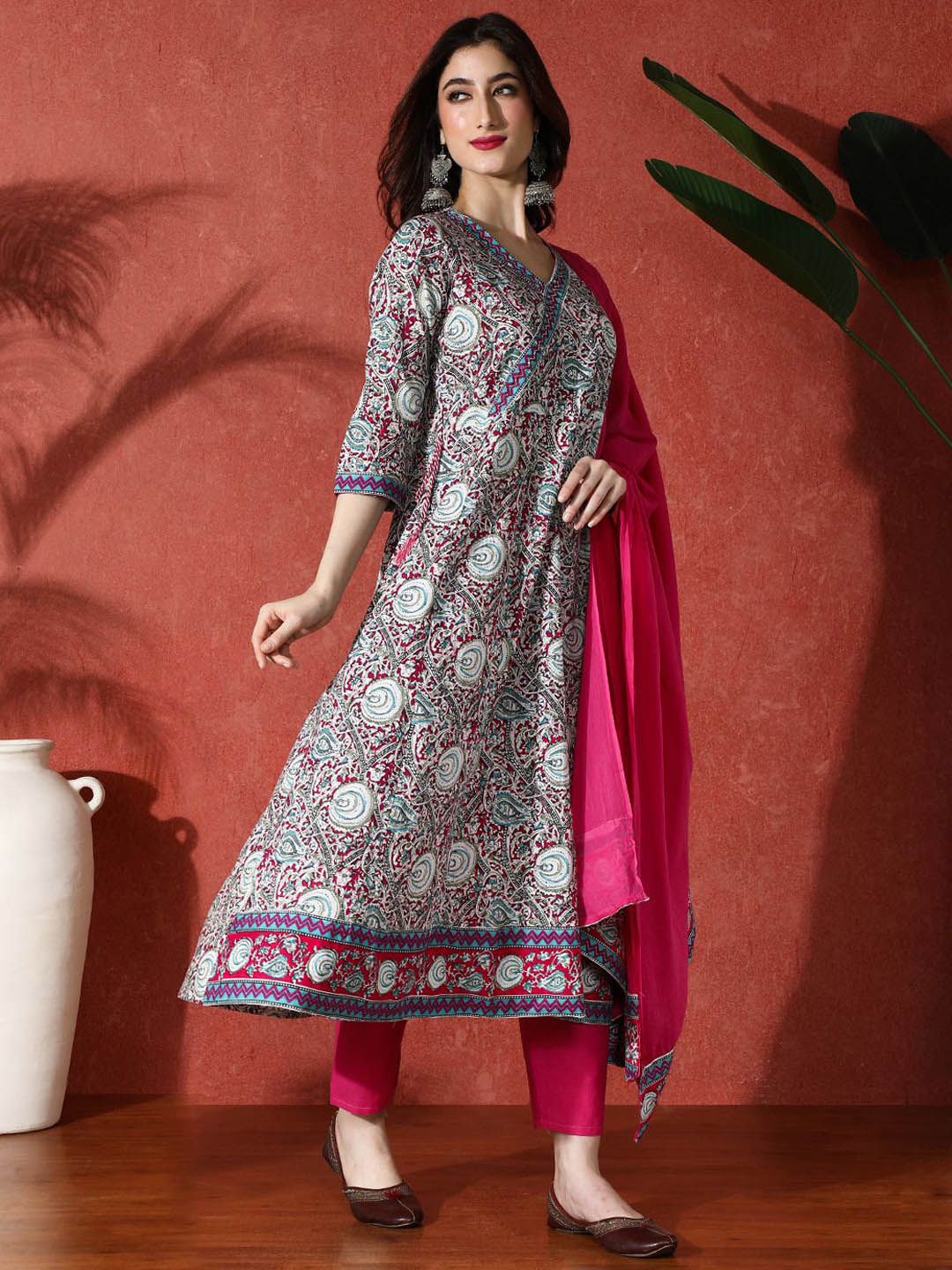 Dhiyona SN Women's Paisley Printed & Embroidered Pure Cotton A-Line Kurta & Trousers With Dupatta