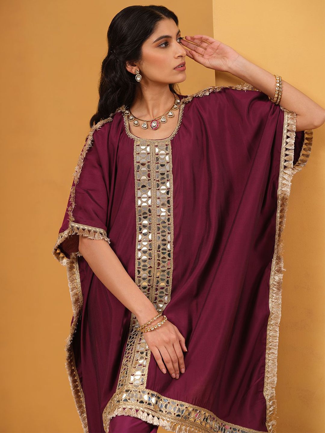 Dhiyona IS Women's Women Woven Design Embroidered Kaftan Kurta with Trousers