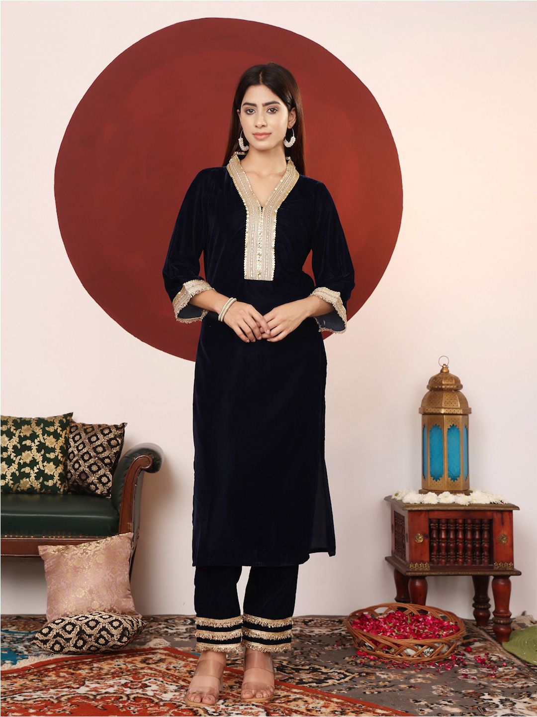 Dhiyona VA Women'sNavy Blue Embroidered Sequined Straight Kurta with Trousers & Dupatta