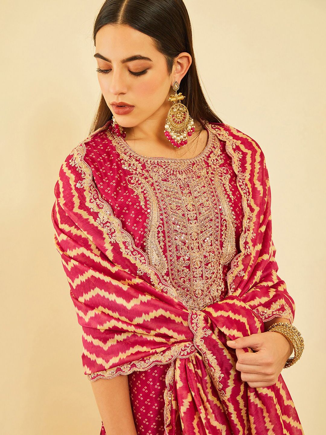 Dhiyona SO Women's Bandhani Printed Sequinned Chanderi Silk Kurta & Trousers With Dupatta