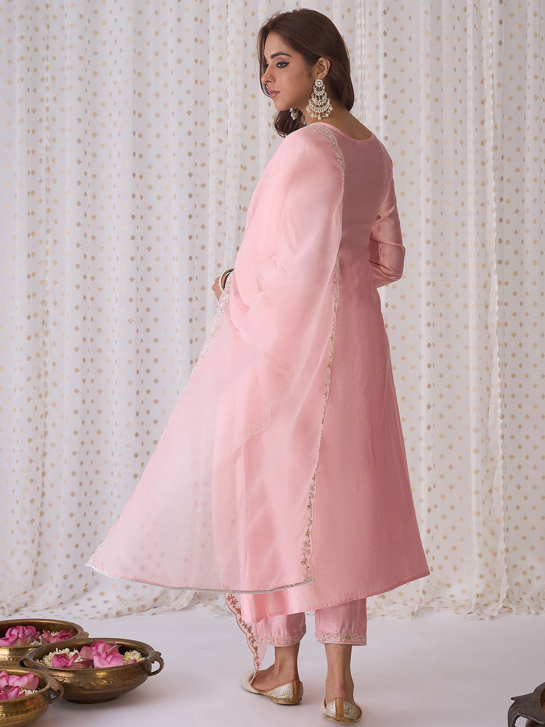 Dhiyona IE Pink Ethnic Motifs Embroidered Aari Work Kurta with Trousers & Dupatta