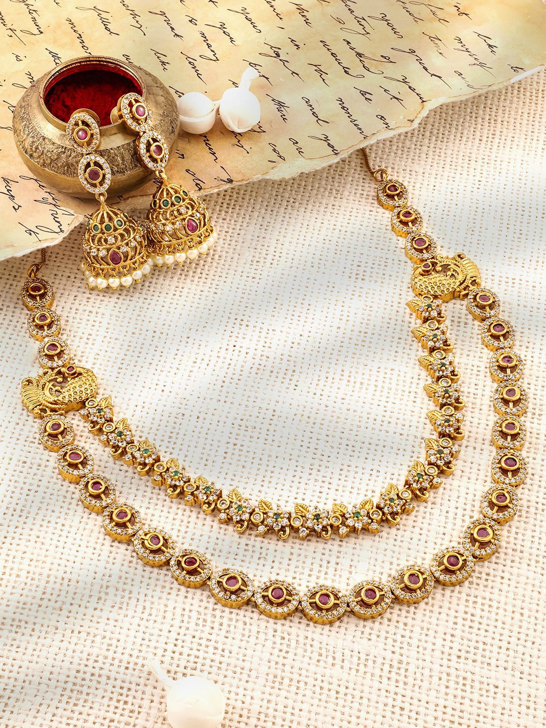 Dhiyona RJ Women's 22K Gold-Plated Ruby, Emerald & Cubic Zirconia Studded Double Layer Jewellery Set