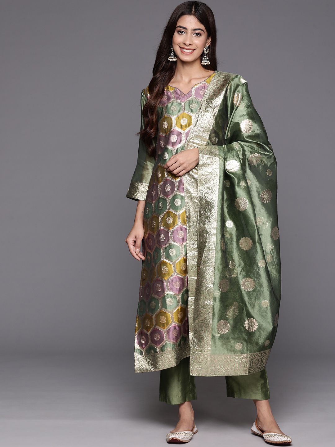Dhiyona VA Women'sChanderi Silk Kurta with Trousers & Dupatta