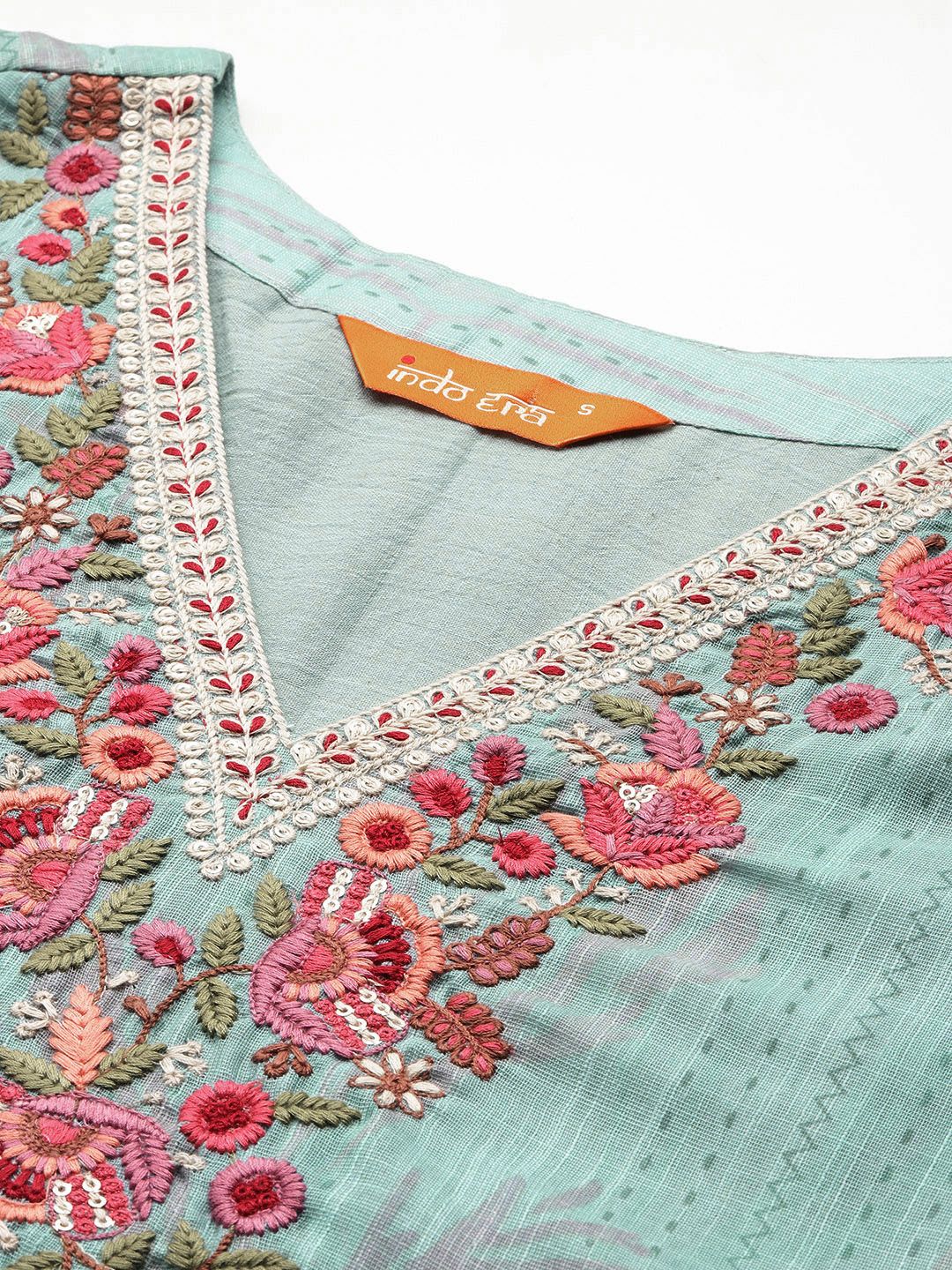 Dhiyona IE Floral Embroidered Thread Work Linen Kurta with Trousers & With Dupatta