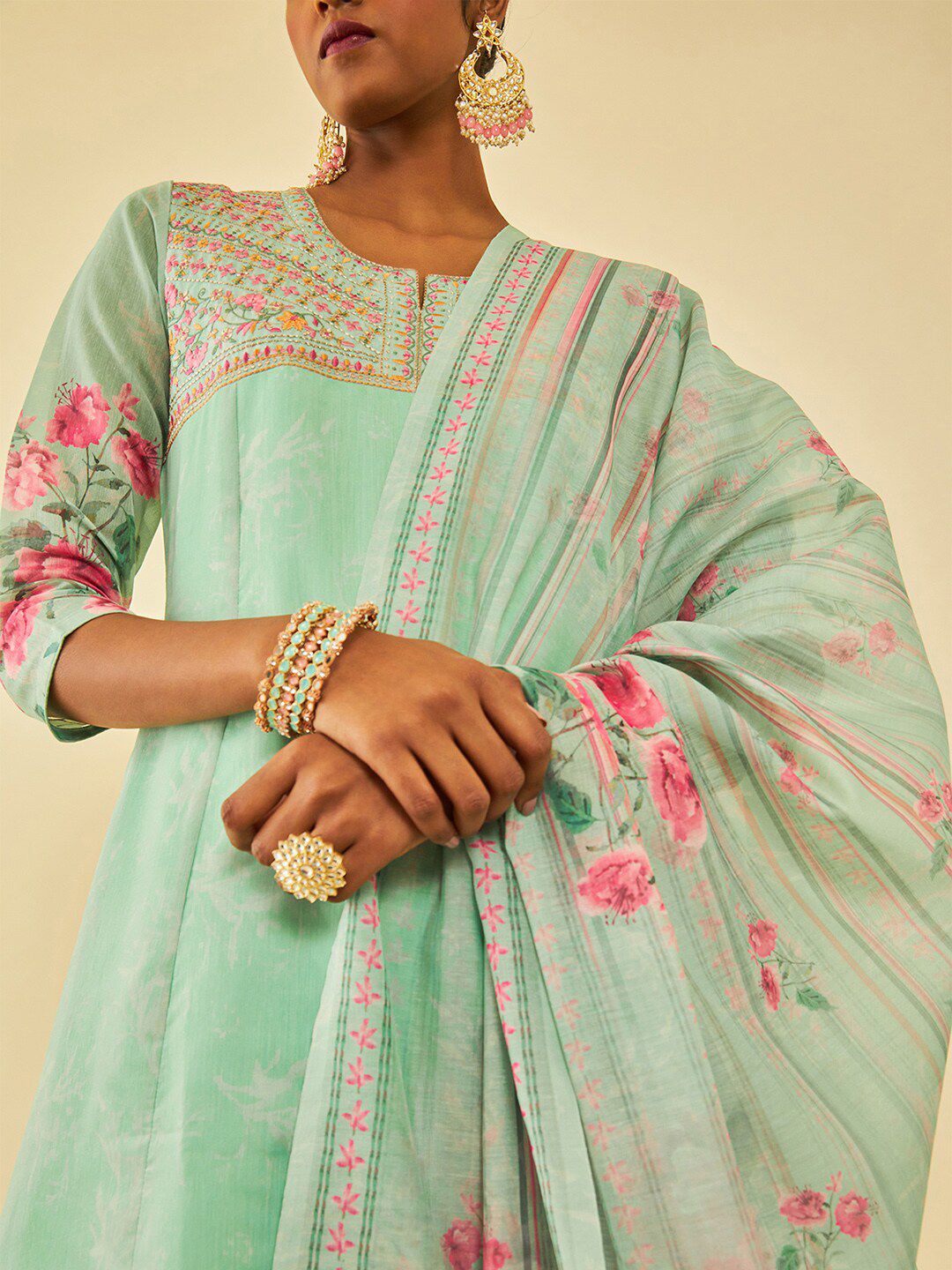 Dhiyona SO Women's Floral Printed Regular Thread Work Chanderi Silk Kurta with Trousers & Dupatta