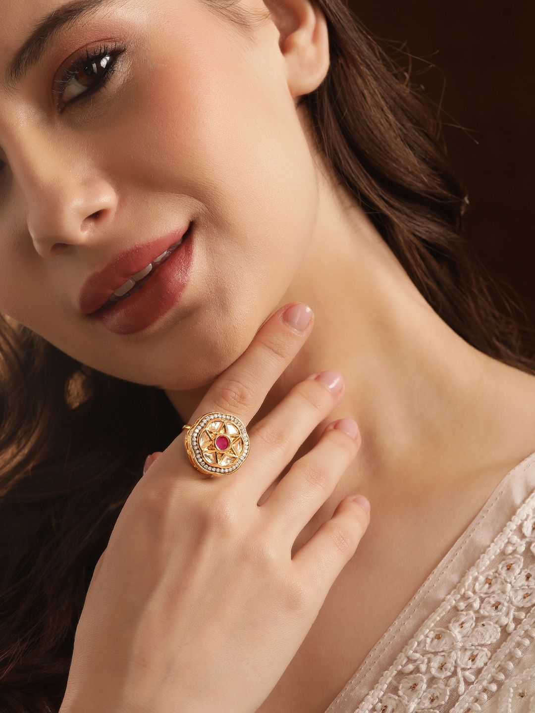 Dhiyona RJ Women's 18K Gold Plated Ruby With Kundan & Cubic Zirconia Studded Adjustable Finger Ring