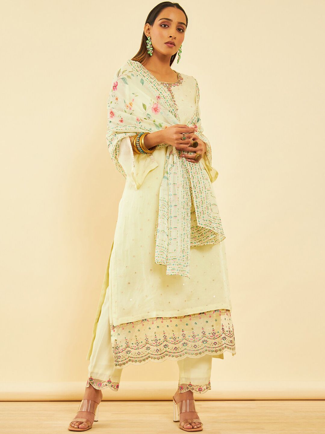 Dhiyona SO Women's Floral Embroidered Layered Thread Work Kurta with Trousers & Dupatta