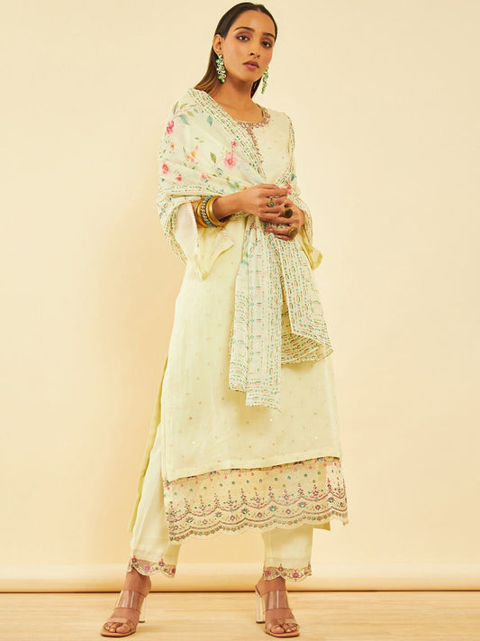 Dhiyona SO Women's Floral Embroidered Layered Thread Work Kurta with Trousers & Dupatta