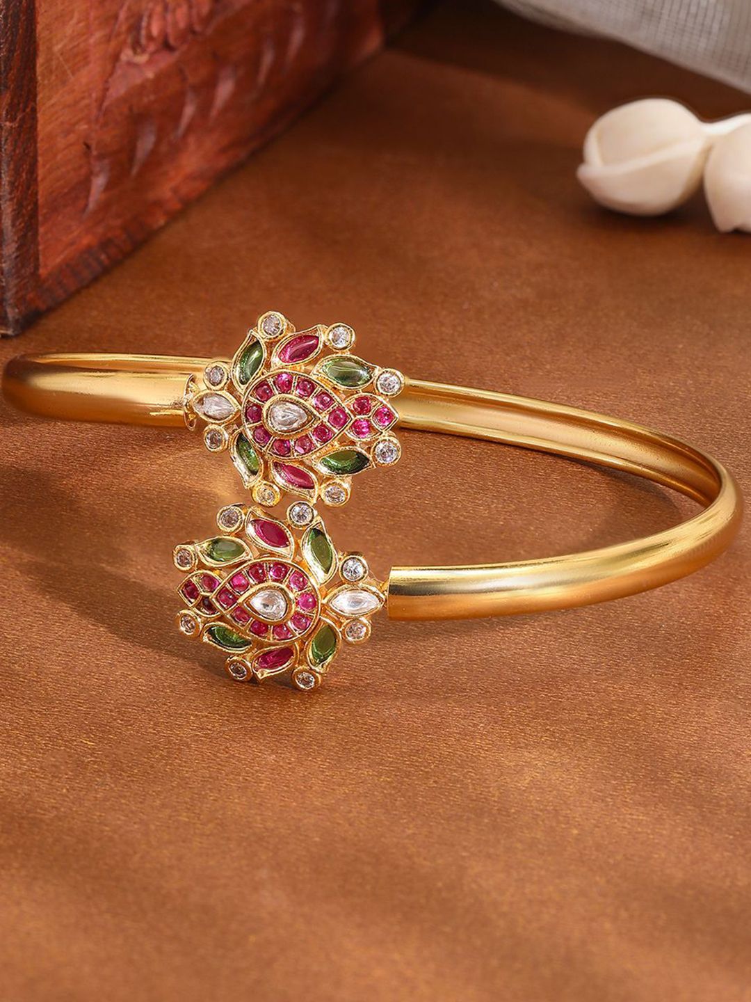 Dhiyona RJ Women's 18K Gold-Plated Ruby Pink, Green & White Kundan Studded Openable Bangle