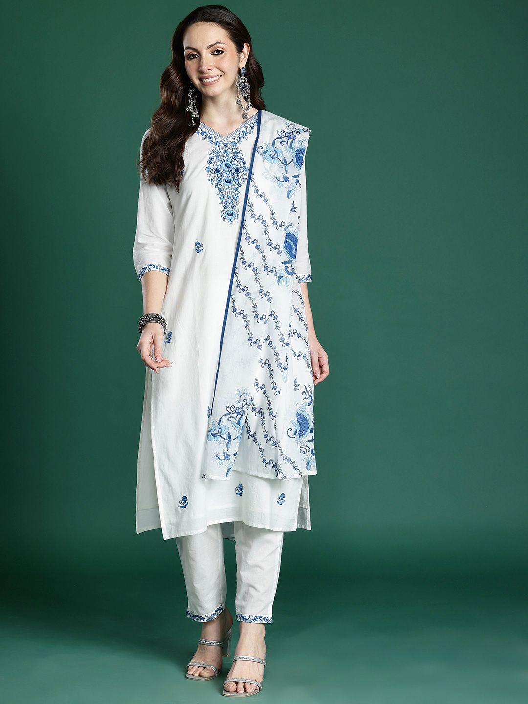 Floral Embroidered Pure Cotton Kurta with Trousers & Dupatta