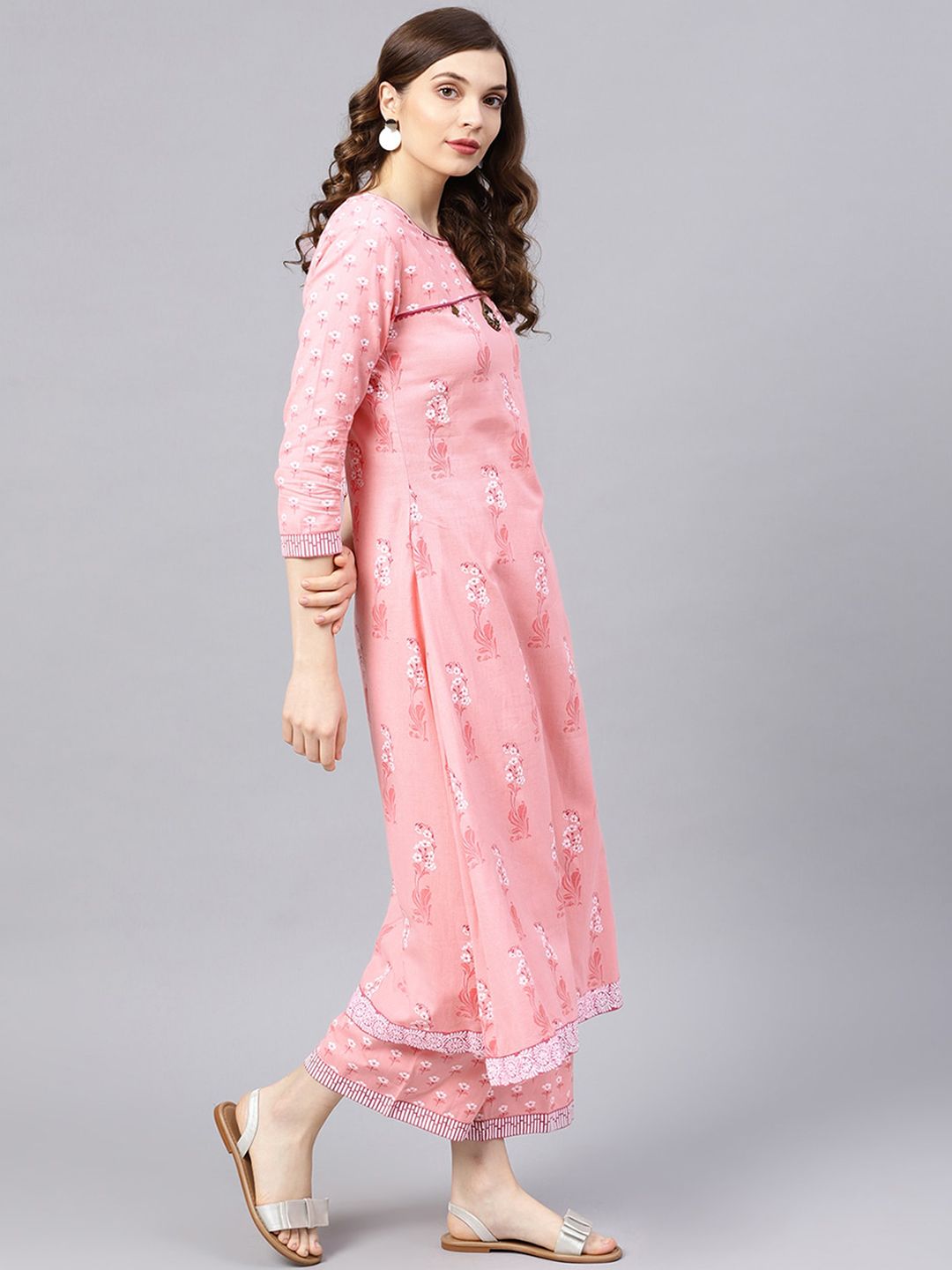 Dhiyona IS Women's Floral Printed Beads and Stones Pure Cotton Kurta with Palazzos