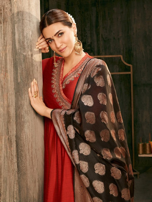 Women's Rust Embroidered Angrakha Festive Anarkali Suit Set