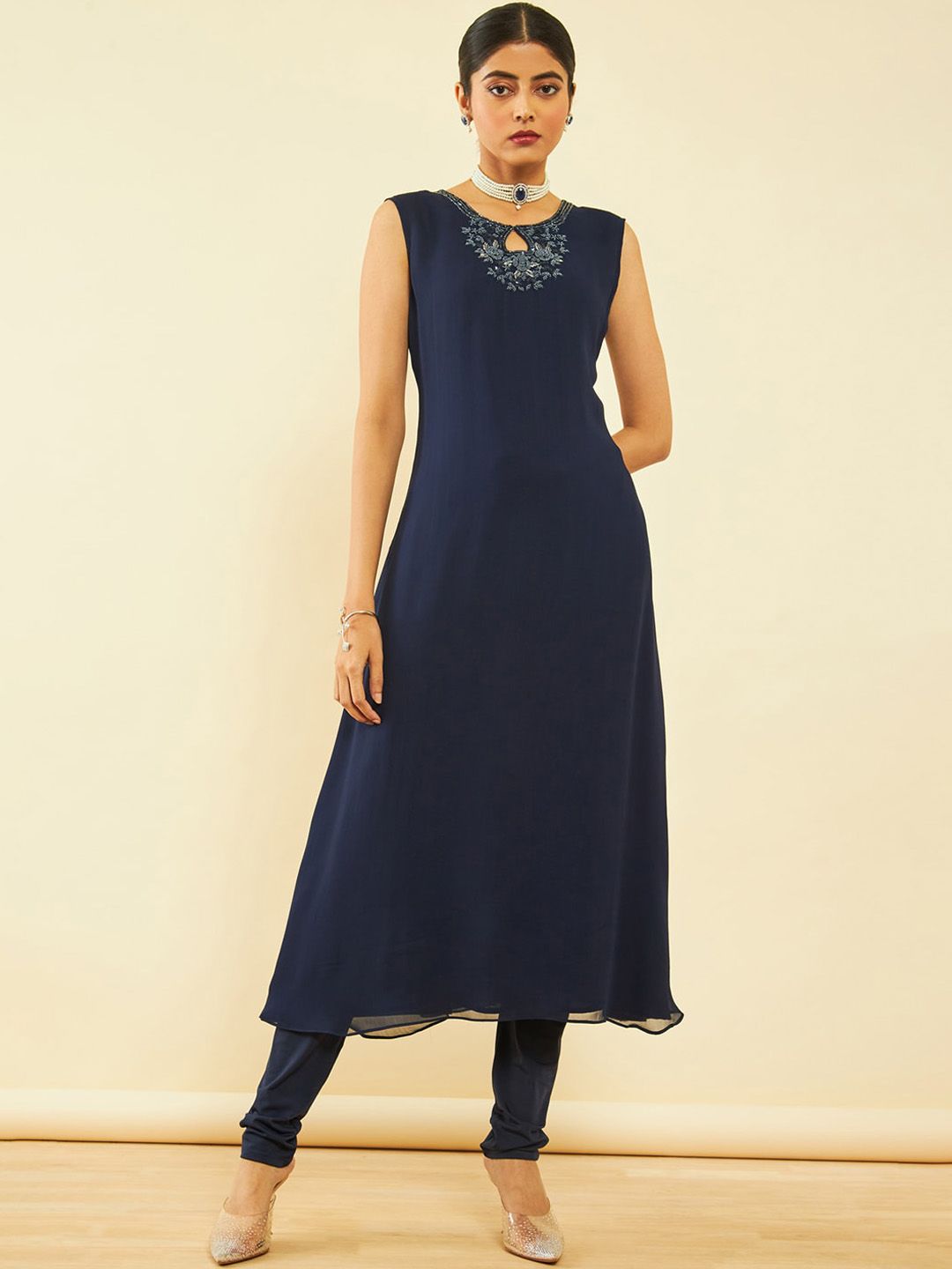 Dhiyona SO Women's Blue Yoke Design Keyhole Neck Bead Georgette Kurta with Churidar & Dupatta with Shrug