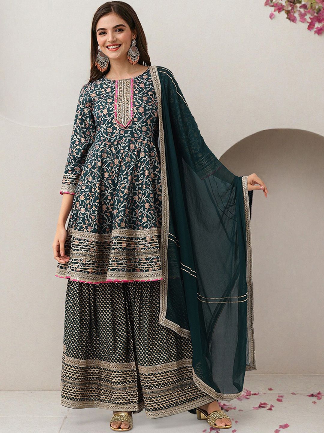 Dhiyona IS Women's Floral Printed Gotta Patti Pure Cotton Anarkali Kurta With Sharara & Dupatta