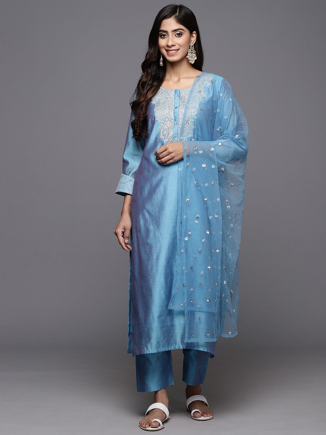 Dhiyona VA Women'sFloral Embroidered Chanderi Silk Kurta With Trousers & Dupatta