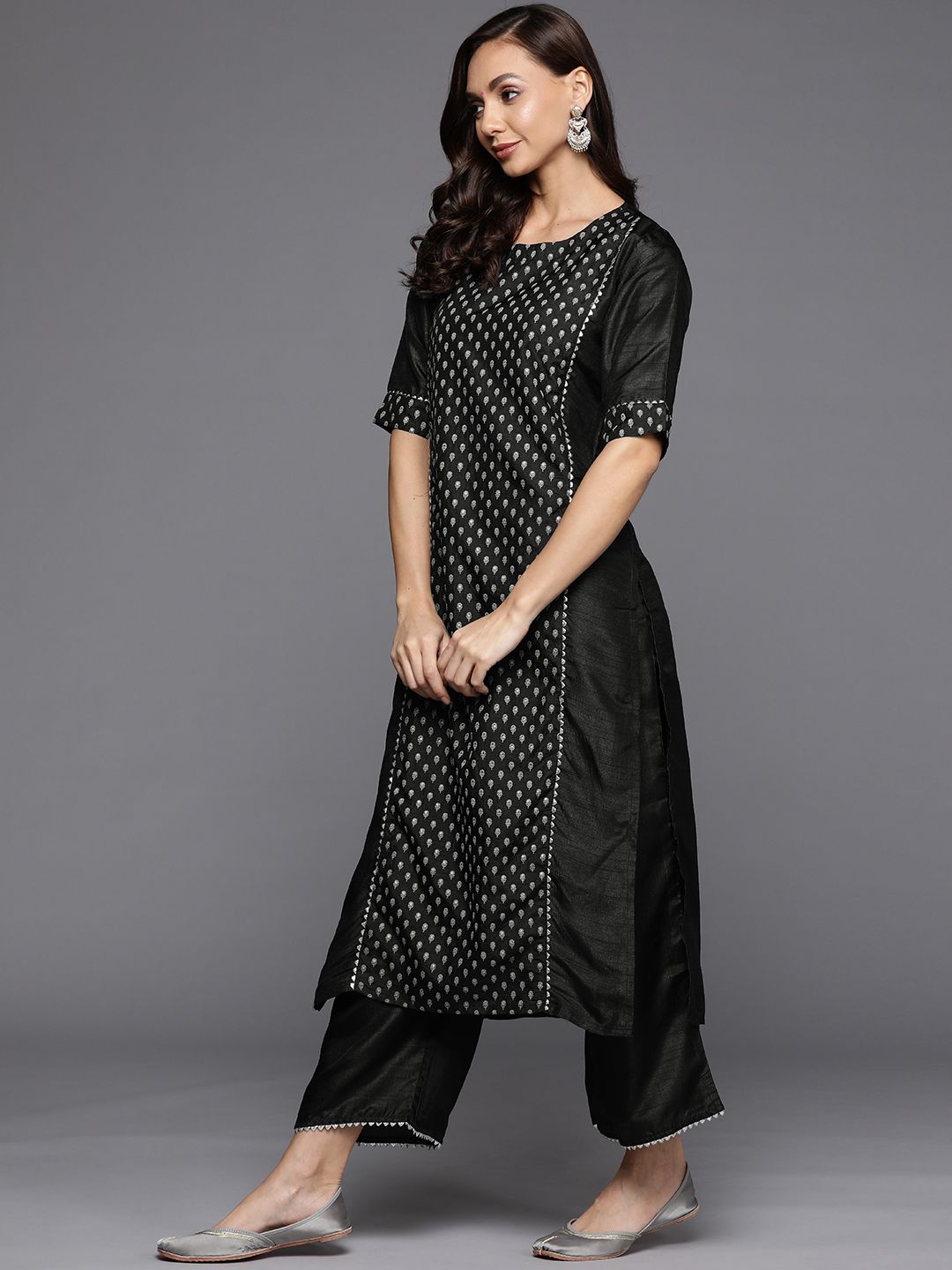 Dhiyona IE Women Black Ethnic Motifs Printed Gotta Patti Kurta with Trousers & With Dupatta