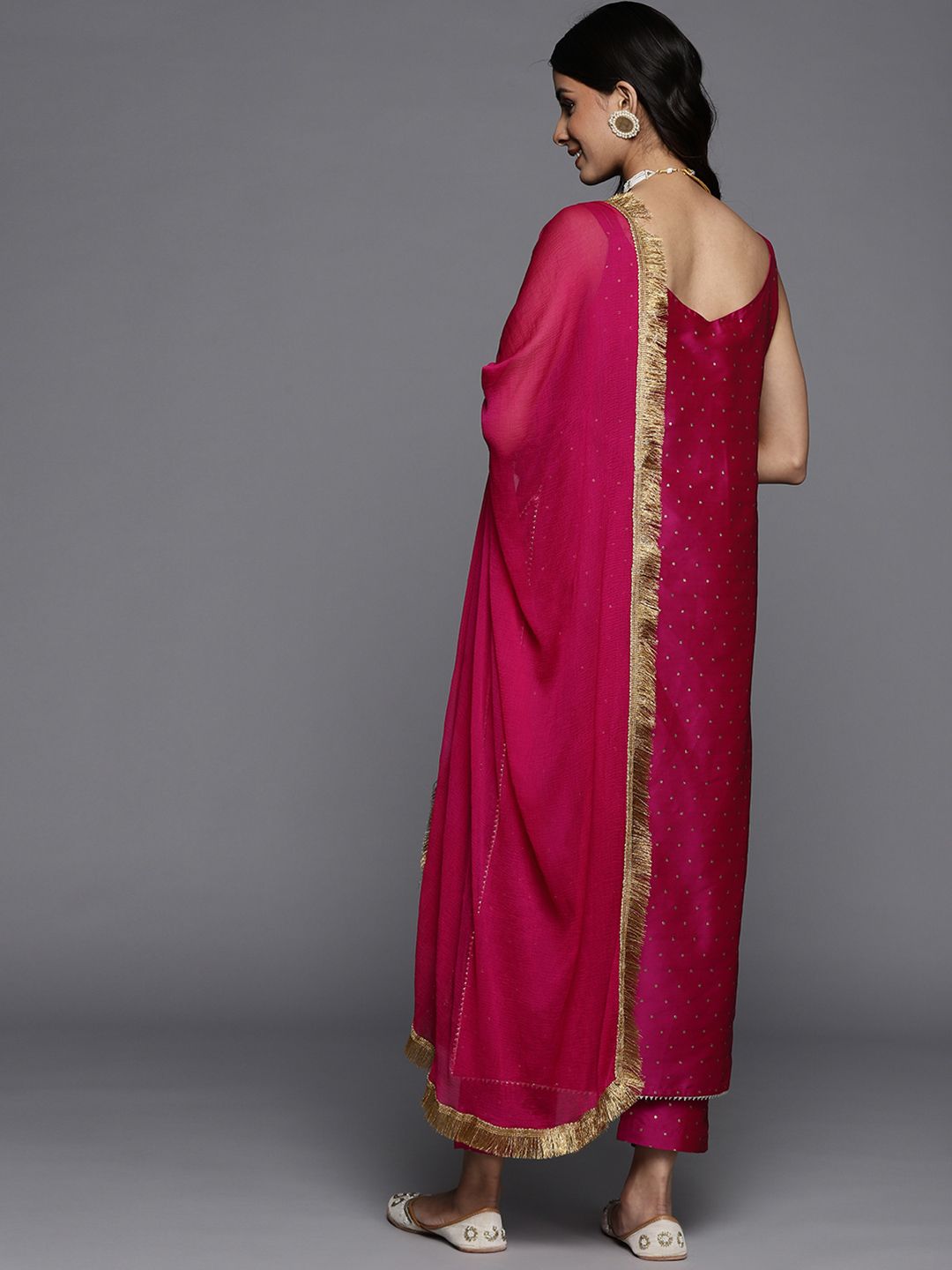 Dhiyona VA Women's Magenta Foil Printed Sleevless Kurta and Trouser with Dupatta