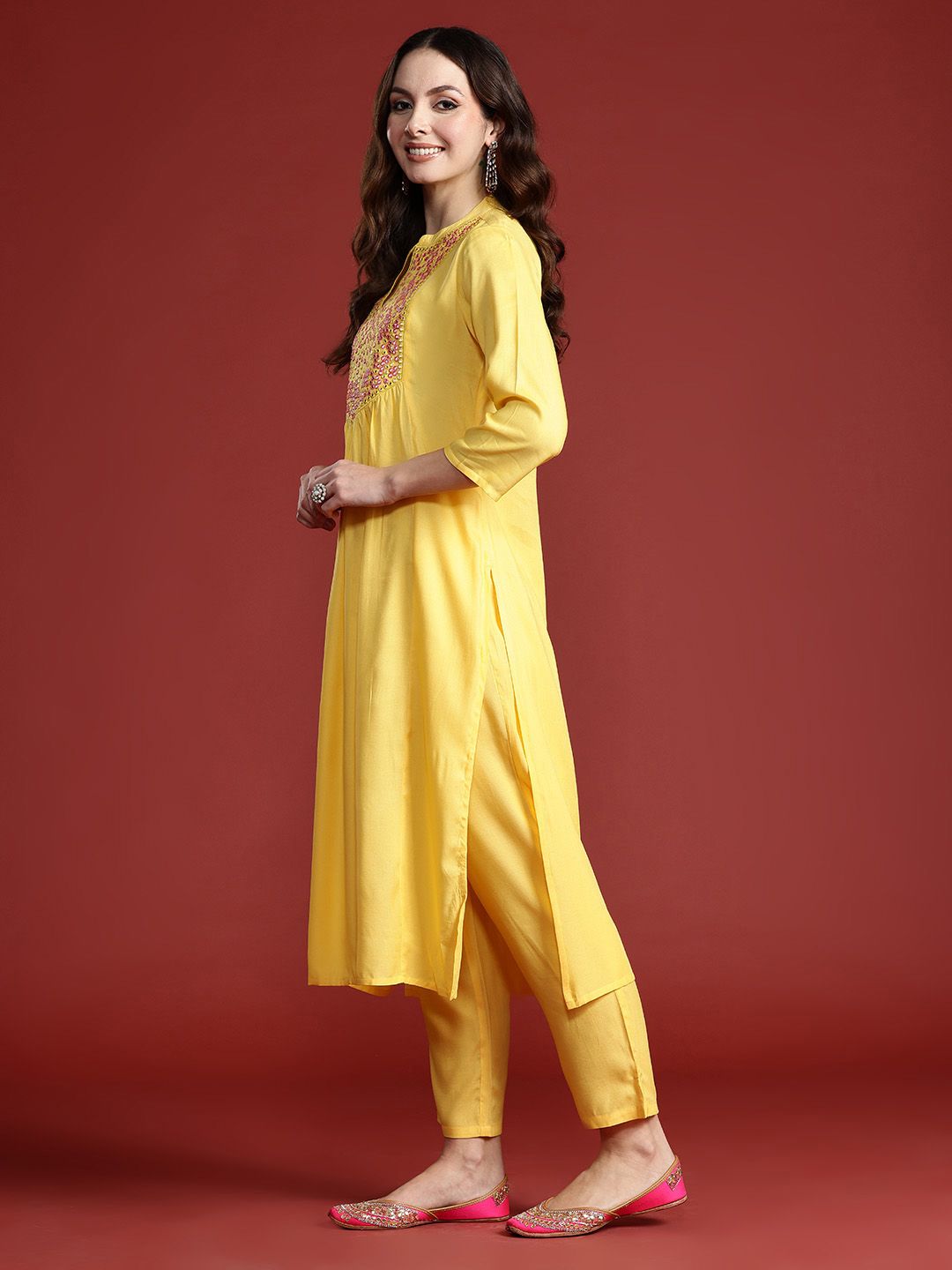 Dhiyona IE Women Embroidered Panelled Mirror Work Pure Cotton Kurta with Trousers & Dupatta