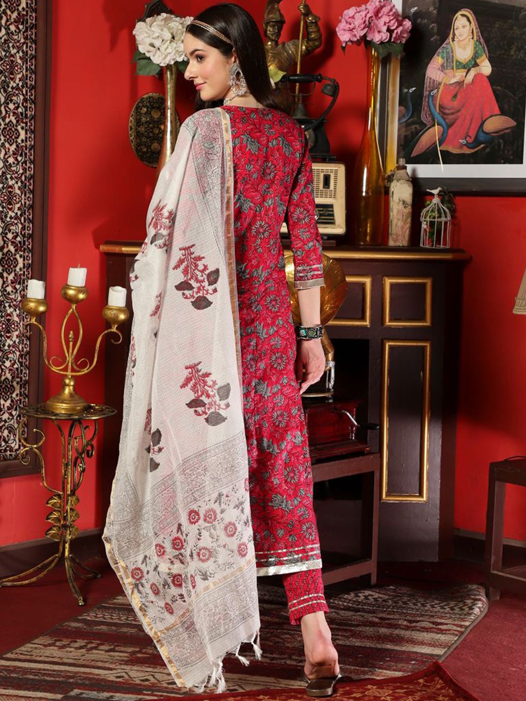 Dhiyona SN Women's Pink Floral Printed Mirror Work Pure Cotton A-Line Kurta Set