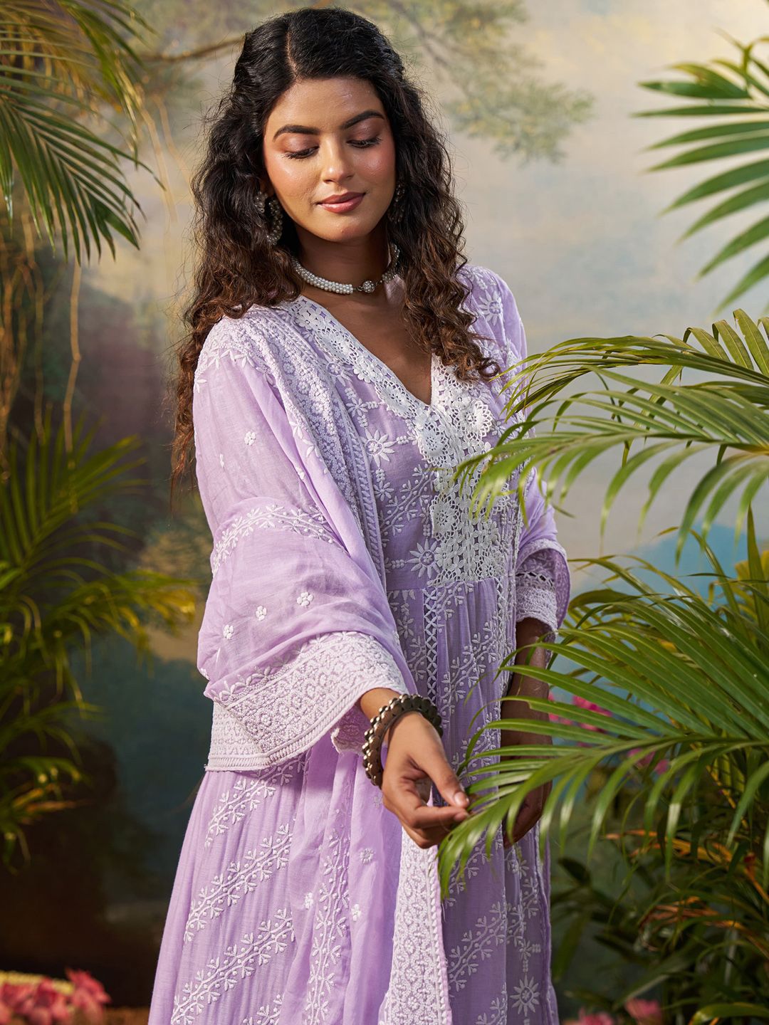 Floral Embroidered V Neck Anarkali Pure Cotton Kurta With Trousers & Dupatta