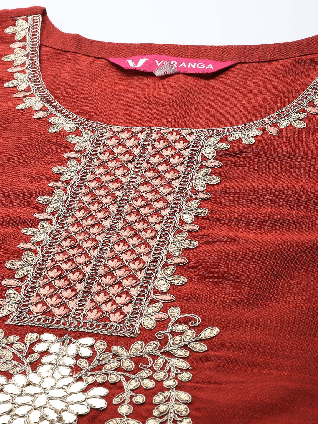 Dhiyona VA Women's Rust Ethnic Motifs Embroidered Dupion Silk Kurta with Trousers & With Dupatta