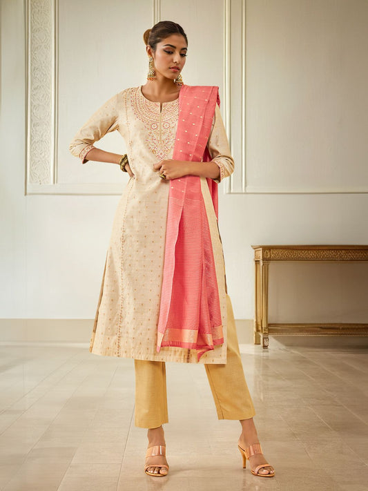 Dhiyona SO Women's Cream Floral Embroidered Thread Work Straight Kurta With Trousers & Dupatta