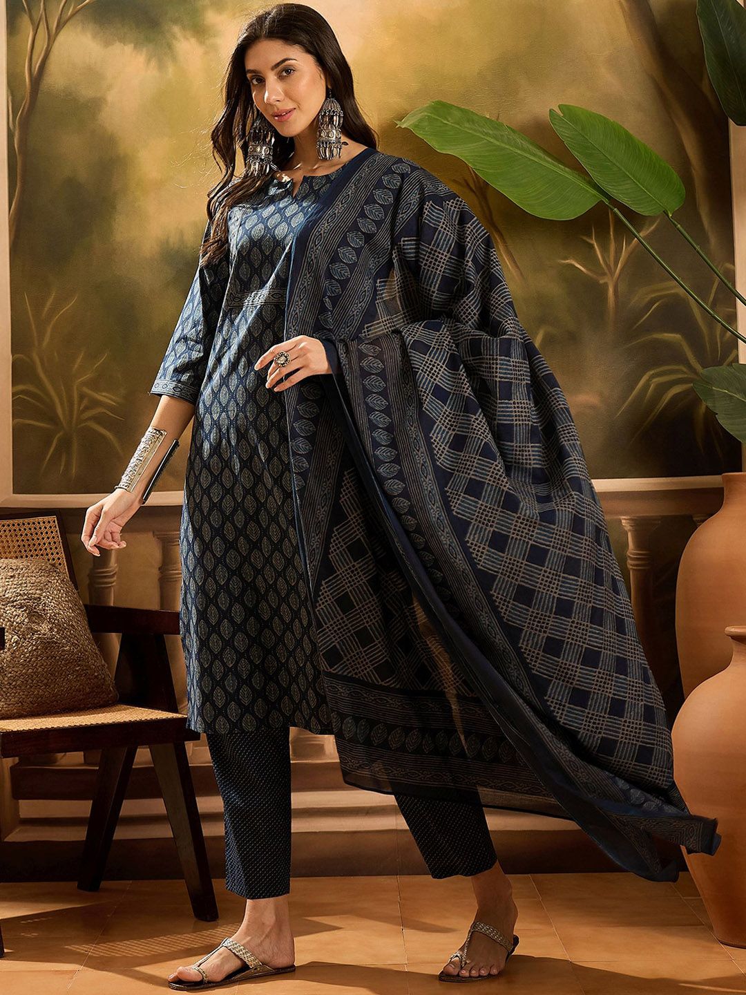 Dhiyona SN Women's Floral Printed Pure Cotton Straight Kurta With Trousers & Dupatta