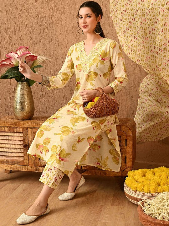 Women's Floral Printed Regular Thread Work Pure Cotton Kurta with Trousers & With Dupatta