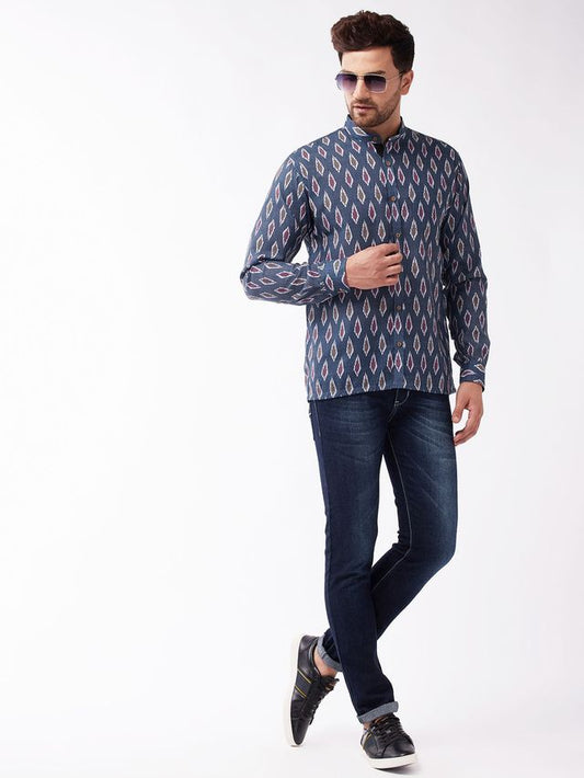 Men's Grey Cotton Blend Straight Ethnic Shirt