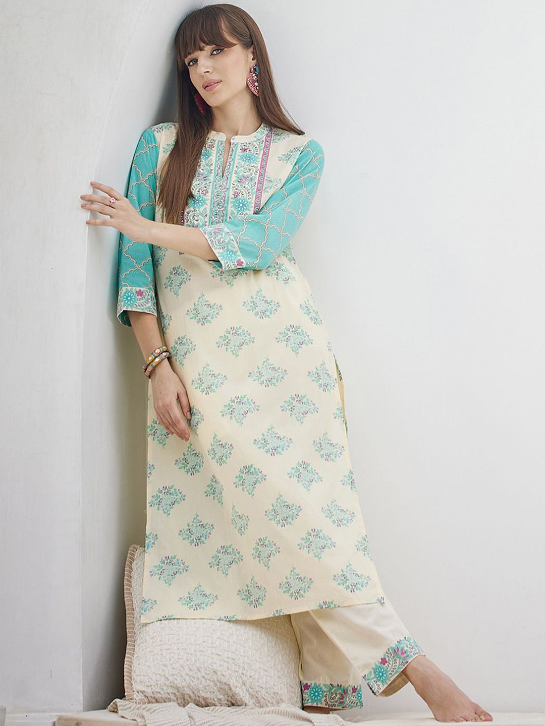 Dhiyona IE Printed Pure Cotton V-Neck Tunic With Trousers Co-Ords