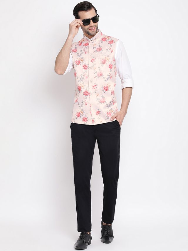 Men's Peach Silk Blend Straight Nehru Jacket