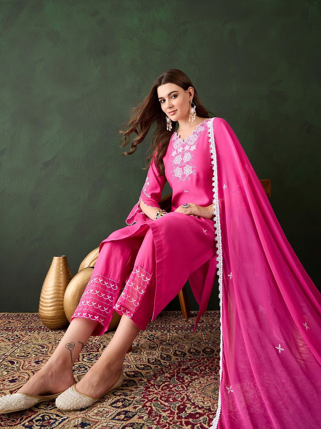 Dhiyona SN Women's Pink Floral Embroidered V-Neck A-Line Kurta & Trousers With Dupatta