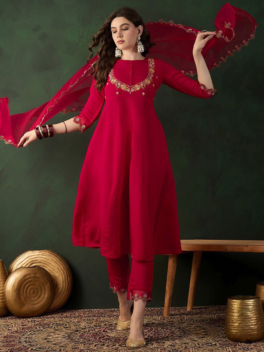 Dhiyona SN Women's Embroidered Round Neck A-Line Kurta & Trouser With Dupatta